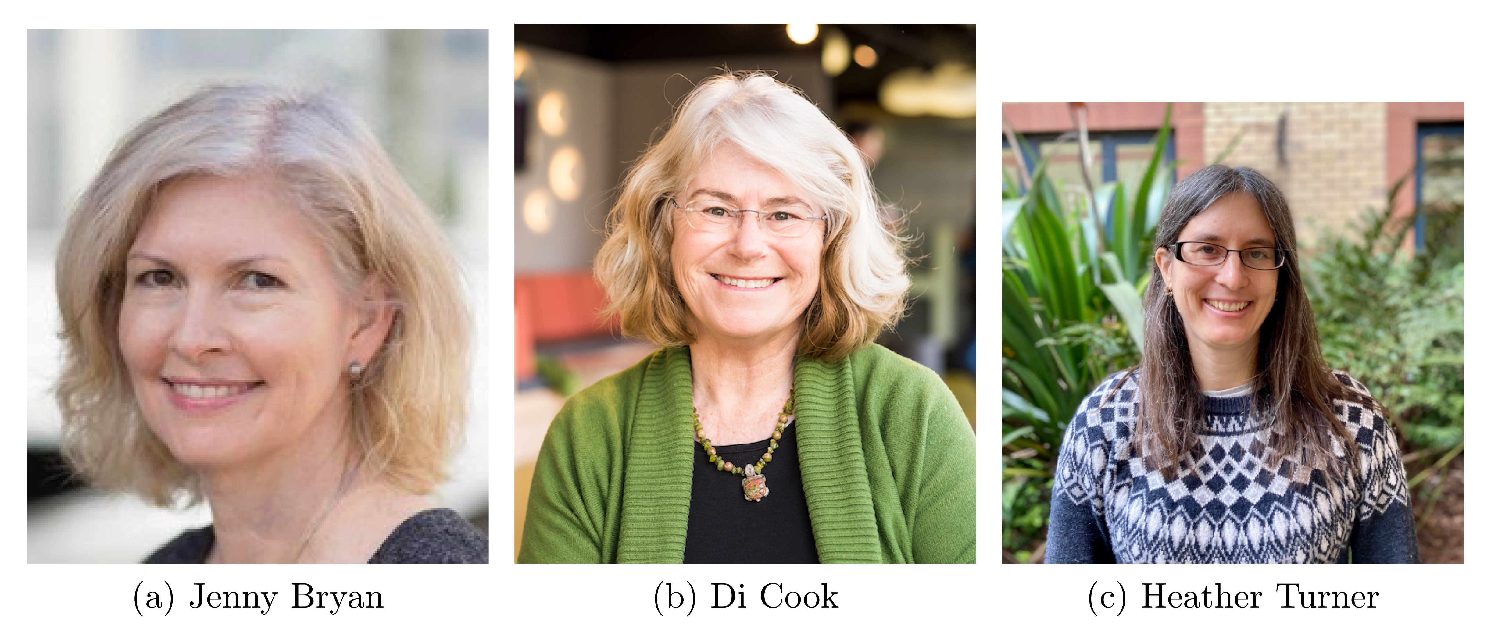 Important female contributors to **R**. Photos from https://education.rstudio.com/trainers/people/bryan+jenny/, https://statsocaus.github.io/dicook-award/about.html, https://warwick.ac.uk/fac/sci/statistics/staff/academic-research/turner/, retrieved on 05/04/2026.