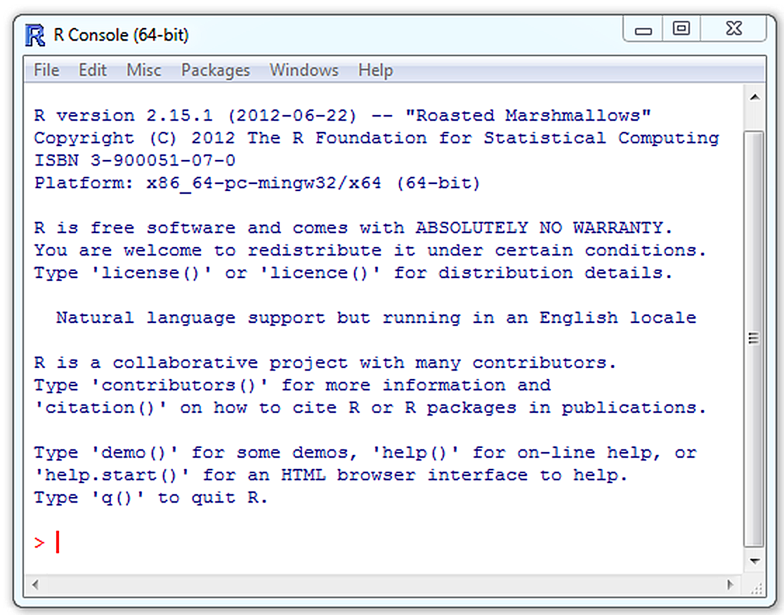 An aged, but still recognizable **R** console: **R** version 2.15.1, 'Roasted Marshmallows', ca. 2012.