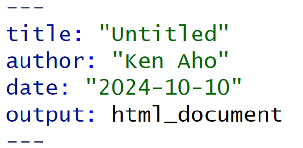 YAML header to an **R** Markdown (.rmd) skeleton document.