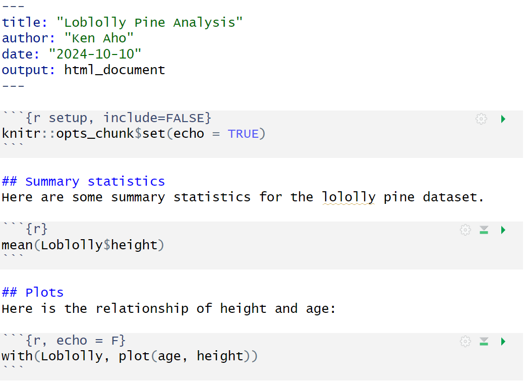 An **R** Markdown (.rmd) file with documentation text and interspersed **R** code in chunks.