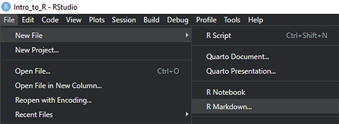 Part of the RStudio **File** pulldown menu.