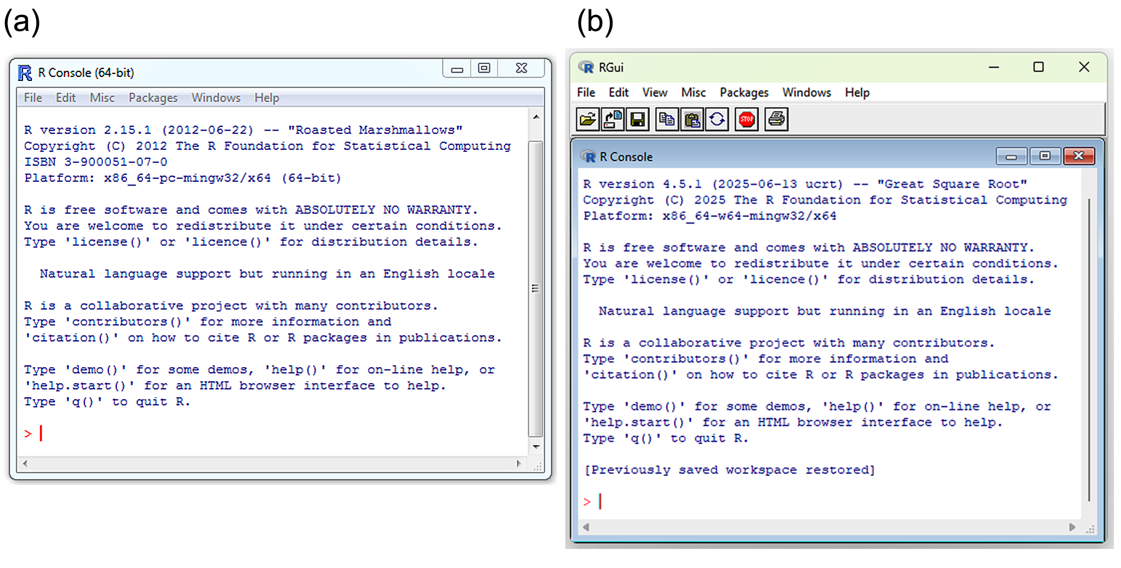 **R**-GUIs for Windows: (a) an older edition of **R**, ver. 2.15.1, 'Roasted Marshmallows', ca. 2012, and (b) a more recent edition of **R**, ver 4.5.1, 'Great Square Root'.